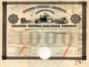 Robert Schuyler signed Illinois Central Rail-Road Co. - $1,000 Autograph Railway Bond