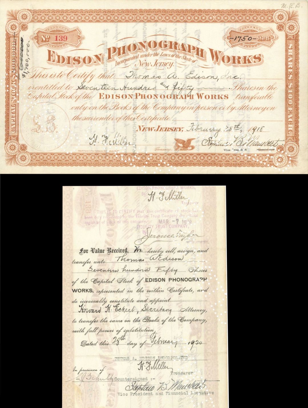 Edison Phonograph Works issued to Thomas A. Edison, Inc. - 1918 dated Autographed Stocks and Bonds