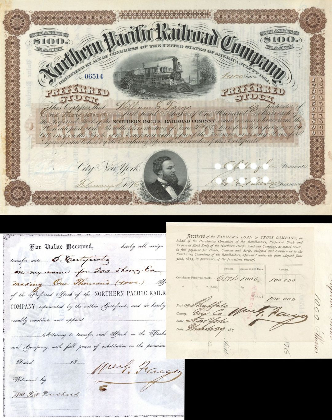Northern Pacific Railroad Co. dated 1876 Issued to and Signed by Wm. G. Fargo - Autographed Stock Certificate