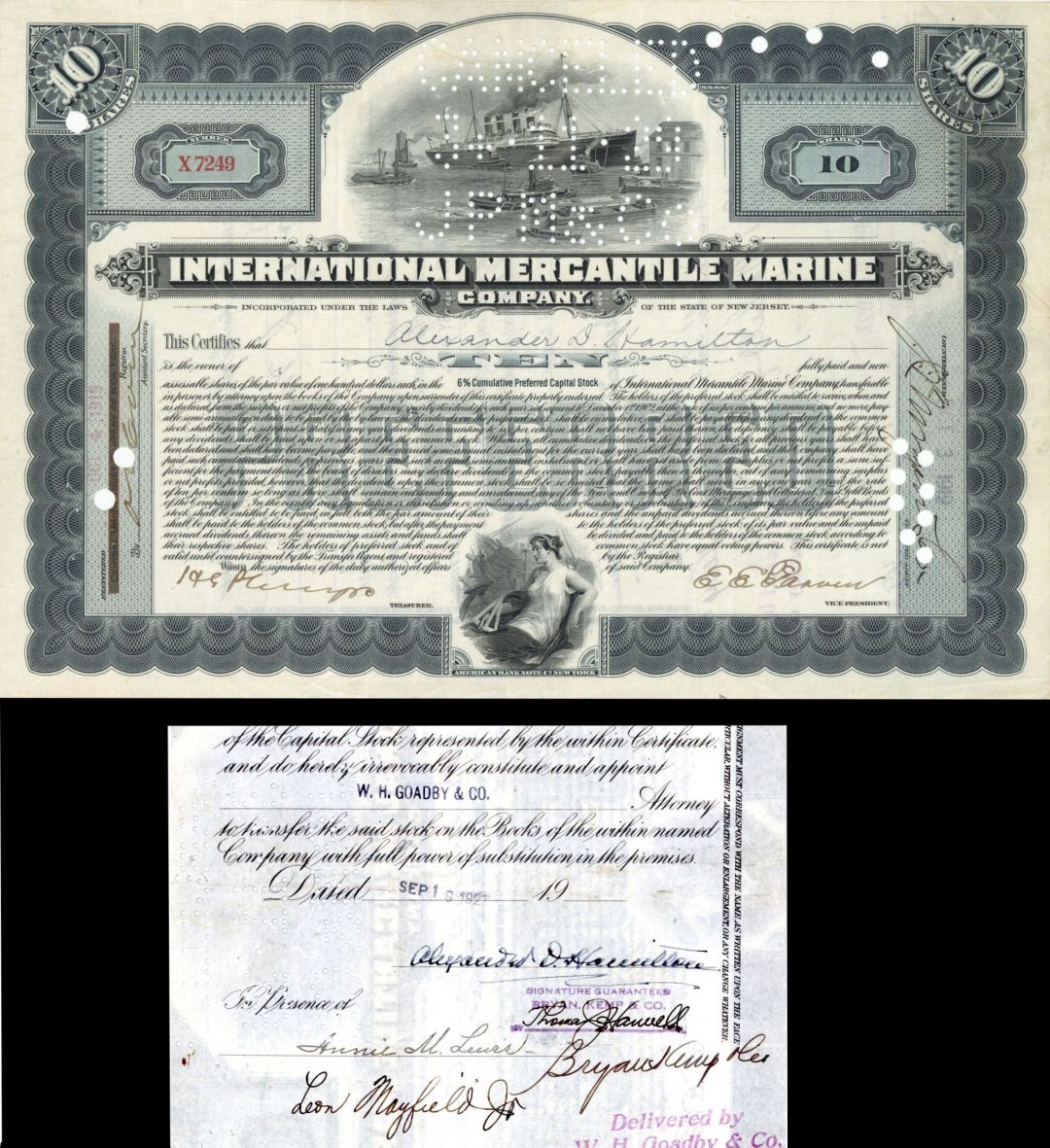 International Mercantile Marine Co. dated 1919 and  signed by Alexander D. Hamilton - Autographed Stocks and Bonds