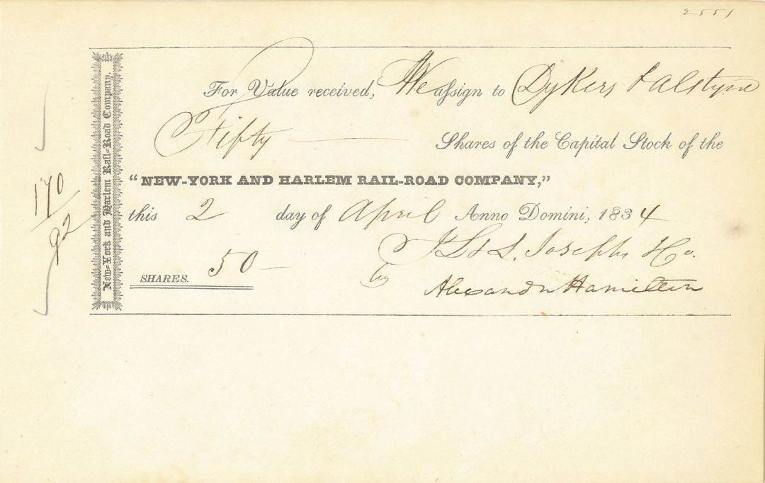 New-York and Harlem Rail-Road Co. dated 1834 and signed by Alexander Hamilton, The Son - Autograph Railroad Transfer Receipt