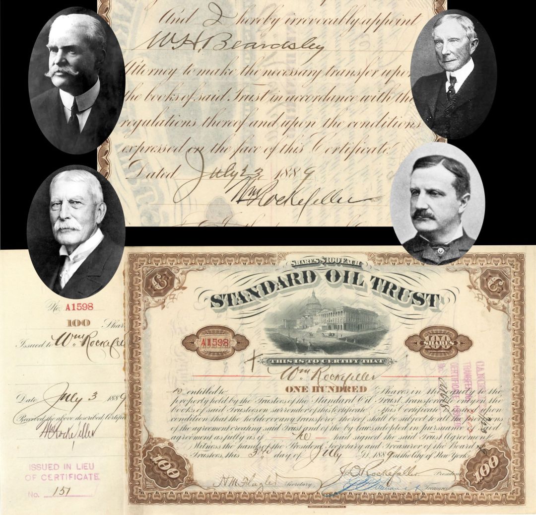 Standard Oil Trust  Issued to/Signed by William Rockefeller on stub & back - also signed by J.D. Rockefeller, H.M. Flagler, W.H. Beardsley and Freeman - 1889 dated Autographed Oil Stock Certificate