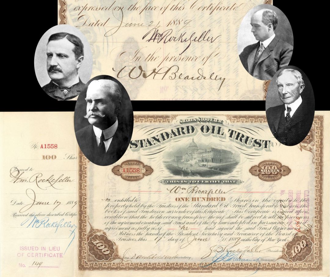 Standard Oil Trust  Issued to and Signed by William Rockefeller on stub & back - also signed by J.D. Rockefeller, Jno. D. Archbold, W.H. Beardsley and Freeman - 1889 dated Autographed Oil Stock Certificate