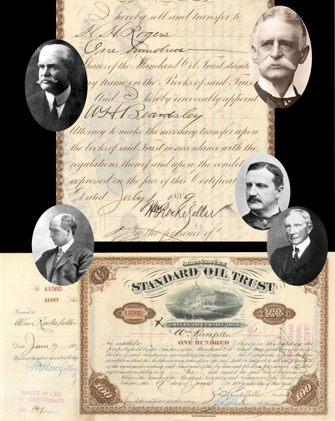 Standard Oil Trust  Issued to and Signed by William Rockefeller on stub & back - also signed by J.D. Rockefeller, Jno. D. Archbold, W.H. Beardsley and transferred to H.H. Rogers - 1889 dated Autographed Oil Stock Certificate