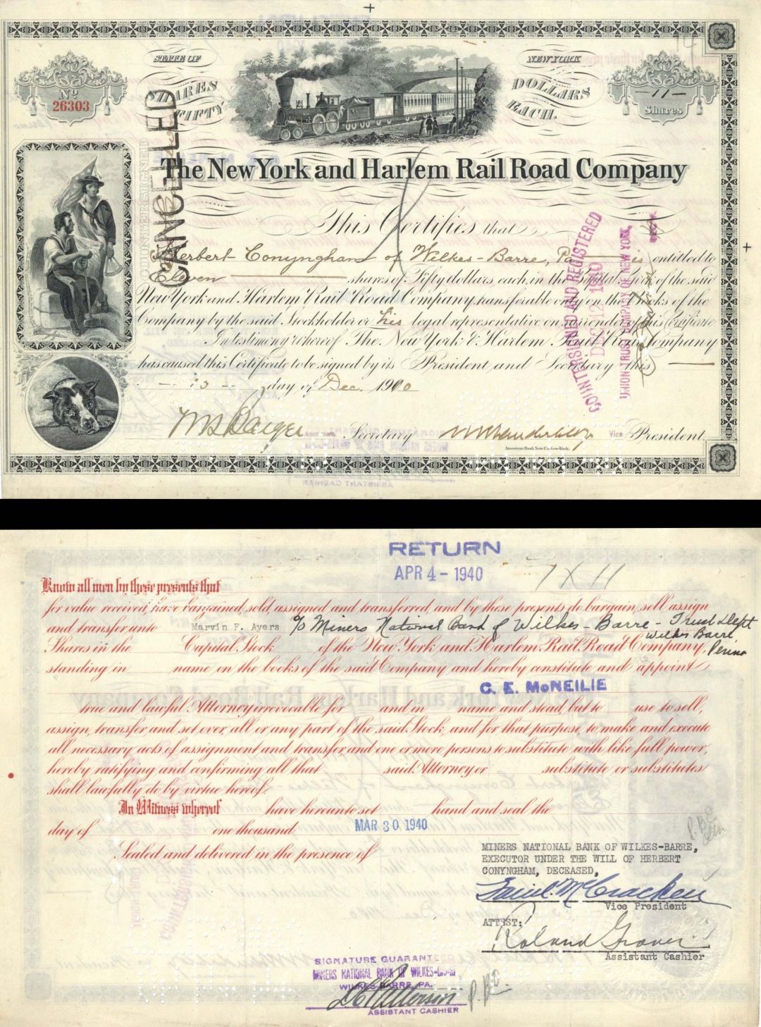 New York and Harlem Rail Road Co. signed by William K. Vanderbilt, Jr. - 1910 dated Autograph Stock Certificate