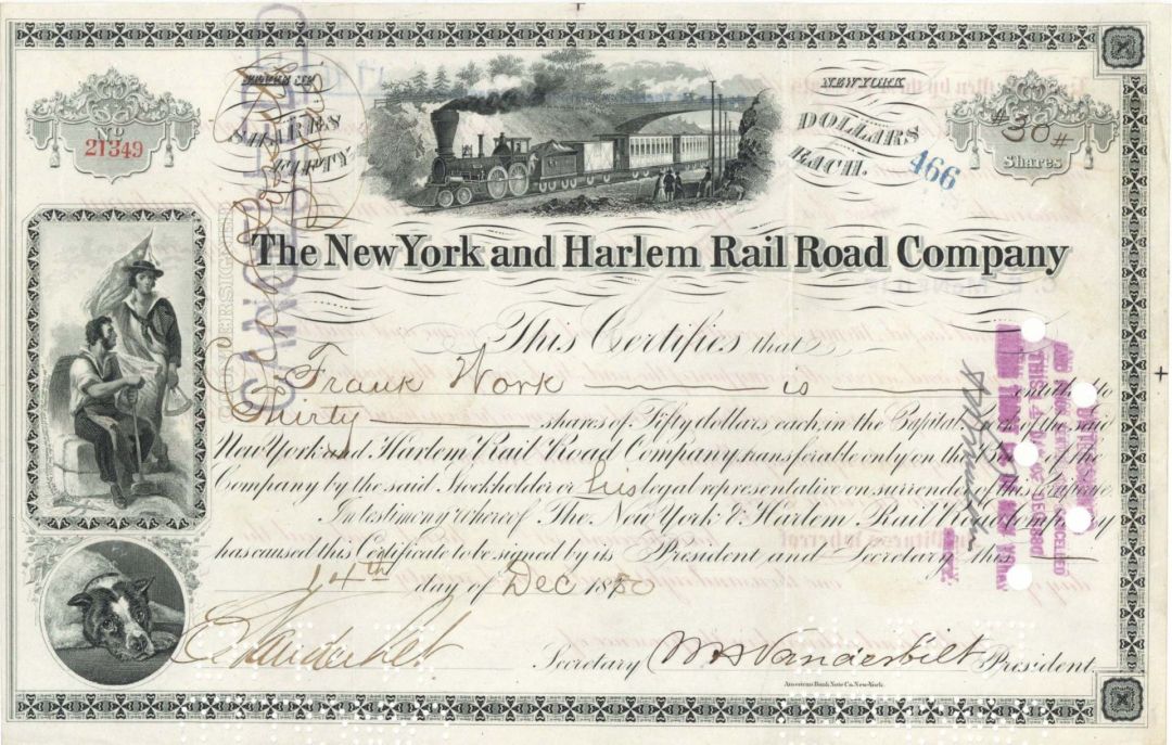 New York and Harlem Rail Road Co. signed by William H. Vanderbilt and Cornelius Vanderbilt - 1850 dated Autographed Stock Certificate