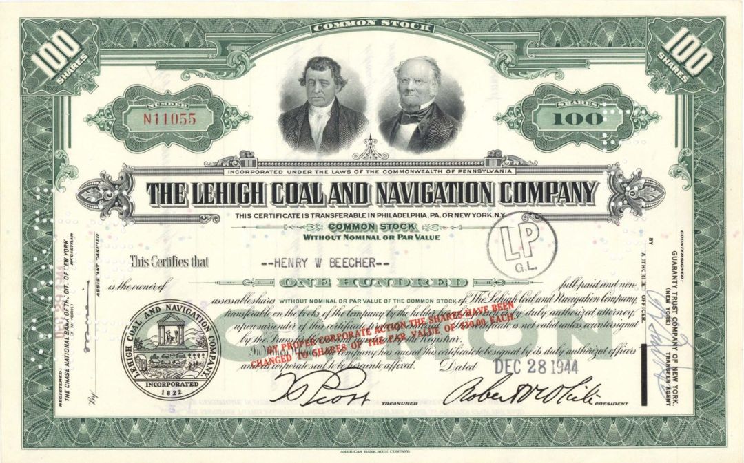 Lehigh Coal and Navigation Co. Issued to Henry Ward Beecher  - 1944 dated Autograph Stock Certificate