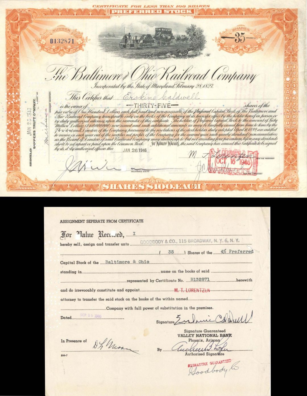Baltimore and Ohio Railroad Co. Issued to and signed by Erskine Caldwell  - 1946 dated Autograph Stock Certificate
