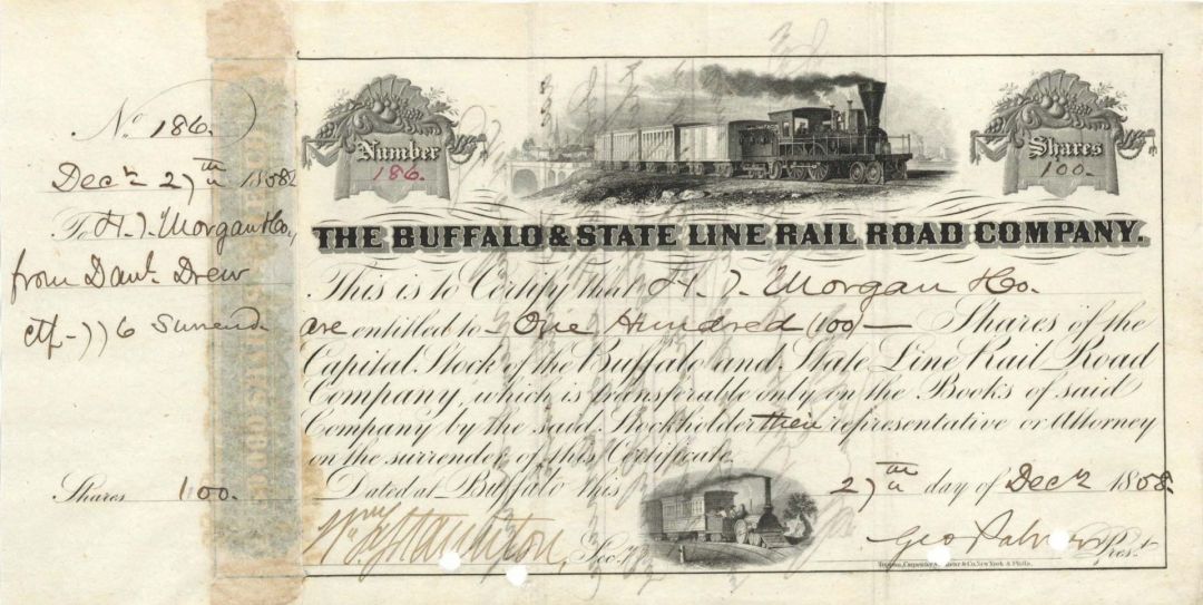 Buffalo and State Line Rail Road Co. mentions Daniel Drew on stub - 1858-1862 dated Railroad Autograph