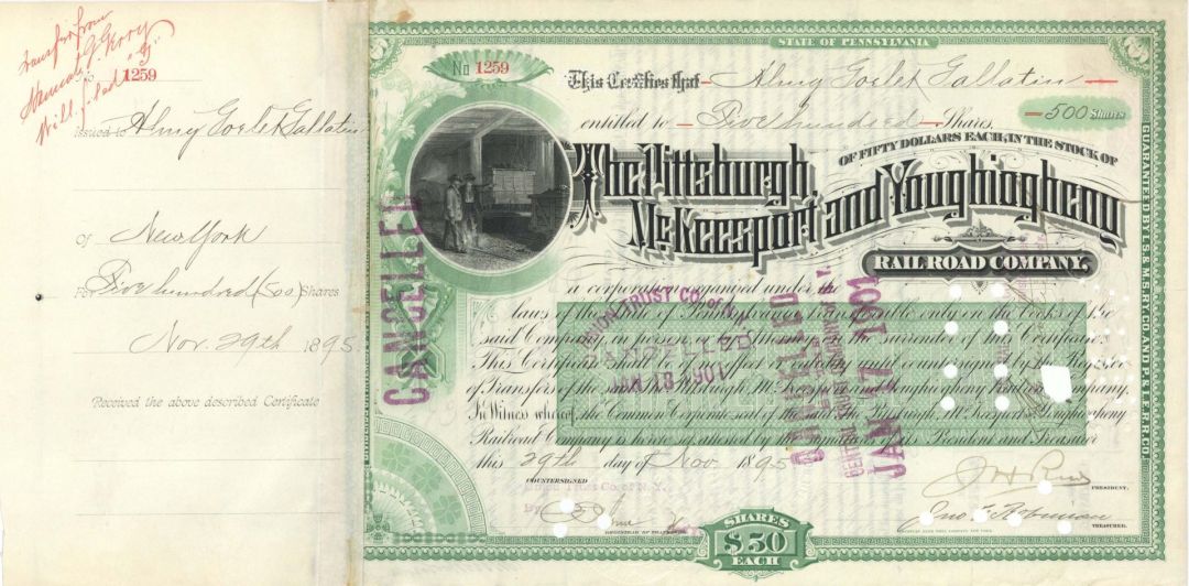 Pittsburgh, McKeesport and Youghiogheny Railroad Co. issued to Gallatin (possiby relative) - 1895 dated Railroad Stock Certificate