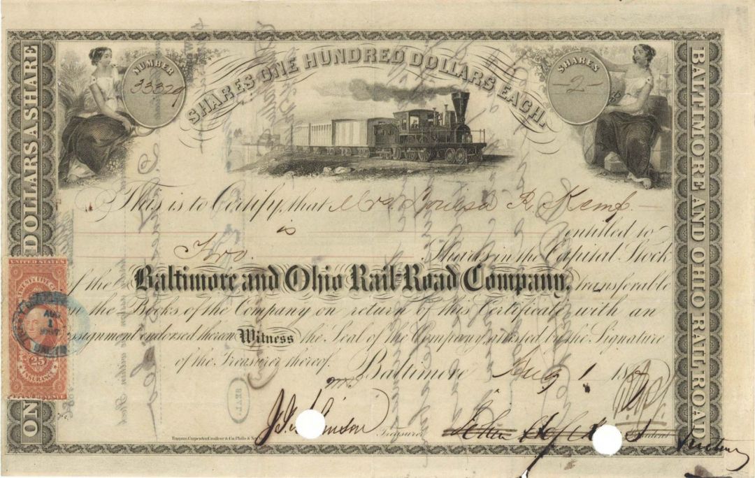 Baltimore and Ohio Rail Road Co. Signed by Johns Hopkins - 1860's dated Autographed Stock Certificate