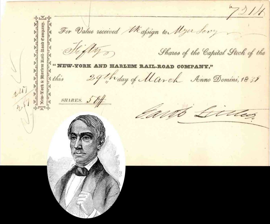 New York and Harlem Rail-Road Co. Signed by Jacob Little  - 1840's-1860's dated Autographed Stock Certificate (Uncanceled)