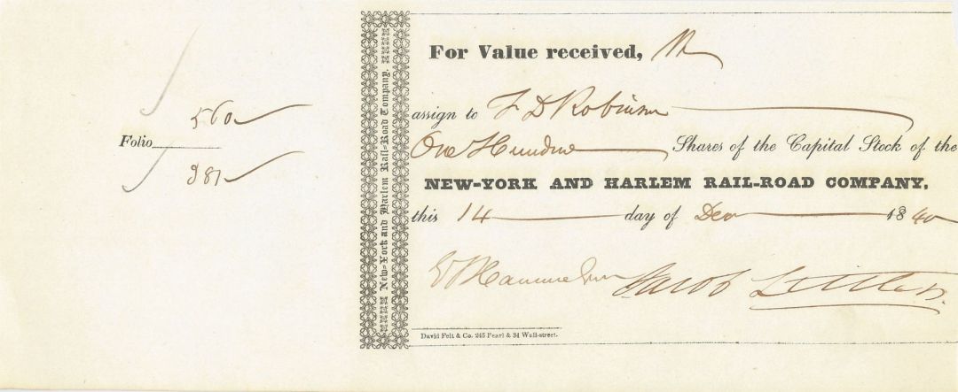 New York and Harlem Rail-Road Co. Signed by Jacob Little  - Autographed Stock Certificate (Uncanceled)