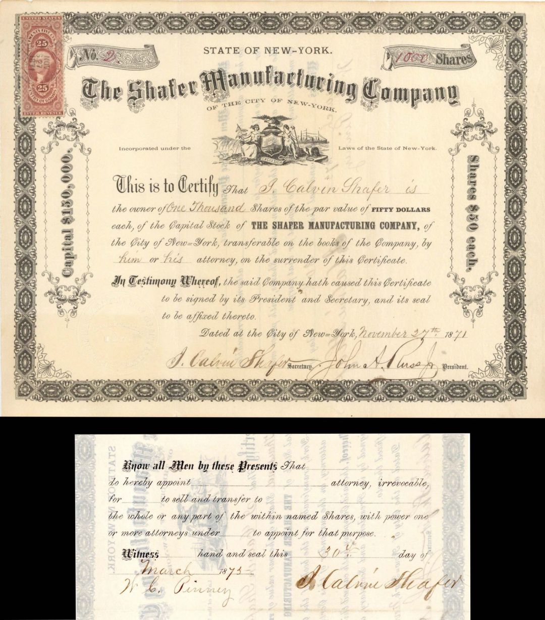 Shafer Manufacturing Co. Issued to and Signed by J. Calvin Shafer twice - 1871 Autographed Stock Transfer