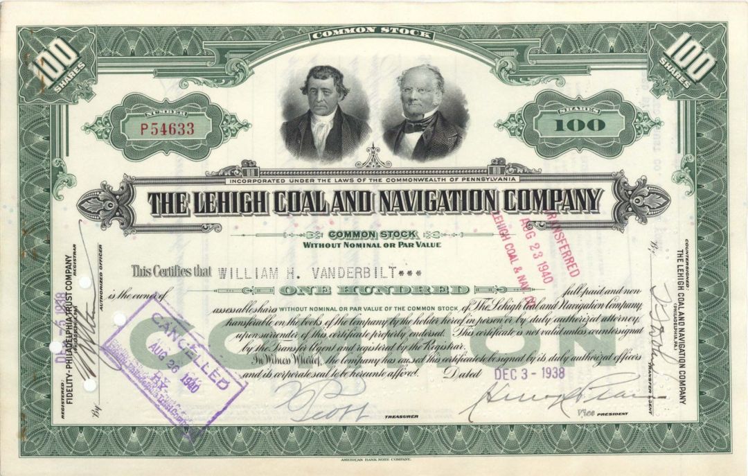 Lehigh Coal and Navigation Co. issued to Wm H. Vanderbilt - 1938 dated Autographed Stock Certificate
