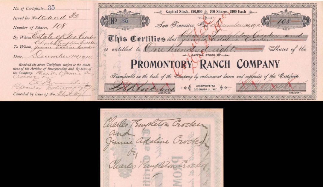 Promontory Ranch Co. Issued to Charles Templeton Crocker and Jennie Adeline Crocker and signed on back - 1910  dated Autographed Stocks and Bonds