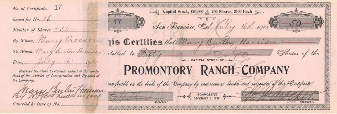 Promontory Ranch Co. Issued to Mary Burton Harrison - 1900  dated Autographed Stocks and Bonds