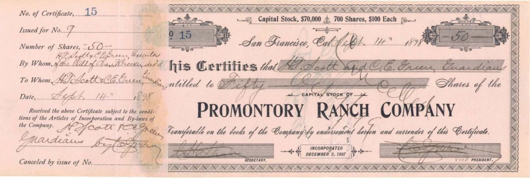 Promontory Ranch Co. Issued to Will of Charles Crocker - 1898  dated Autographed Stocks and Bonds