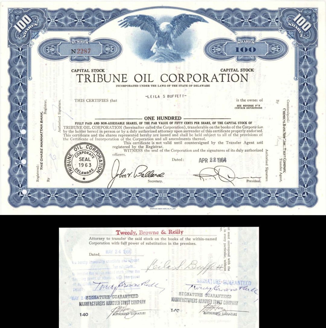 Tribune Oil Corp. Issued to and Signed by Leila S. Buffett - 1964 dated Autographed Oil Stock Certificate