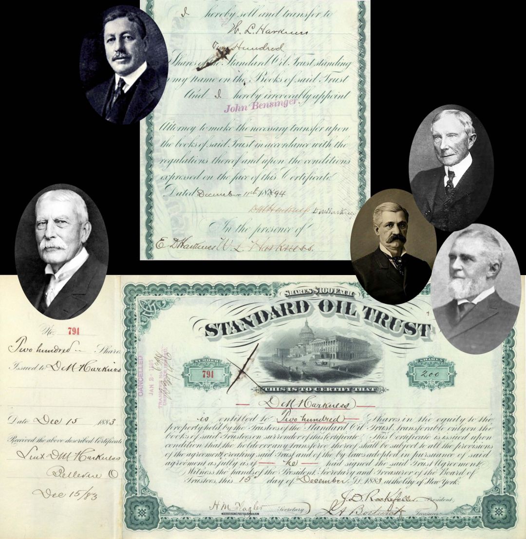 Standard Oil Trust issued to and signed by D.M. Harkness, E.D. and W.L. Harkness,  H. M. Flagler, J. D. Rockefeller and J.A. Bostwick - 1883 dated Autograph Stock Certificate