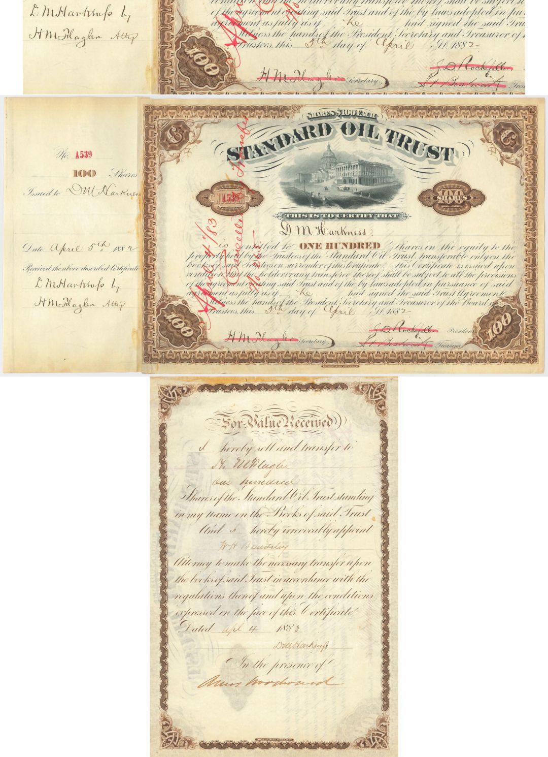 Daniel M. Harkness issued to and signed Standard Oil Trust signed twice by Henry M. Flagler & once by John D. Rockefeller - 1882 dated Autograph Stock Certificate