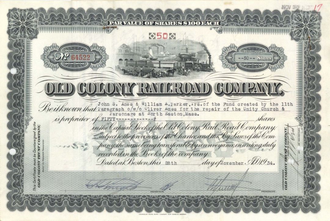 Old Colony Railroad Co. Issued to Oliver Ames - 1934 dated Autograph Stock Certificate