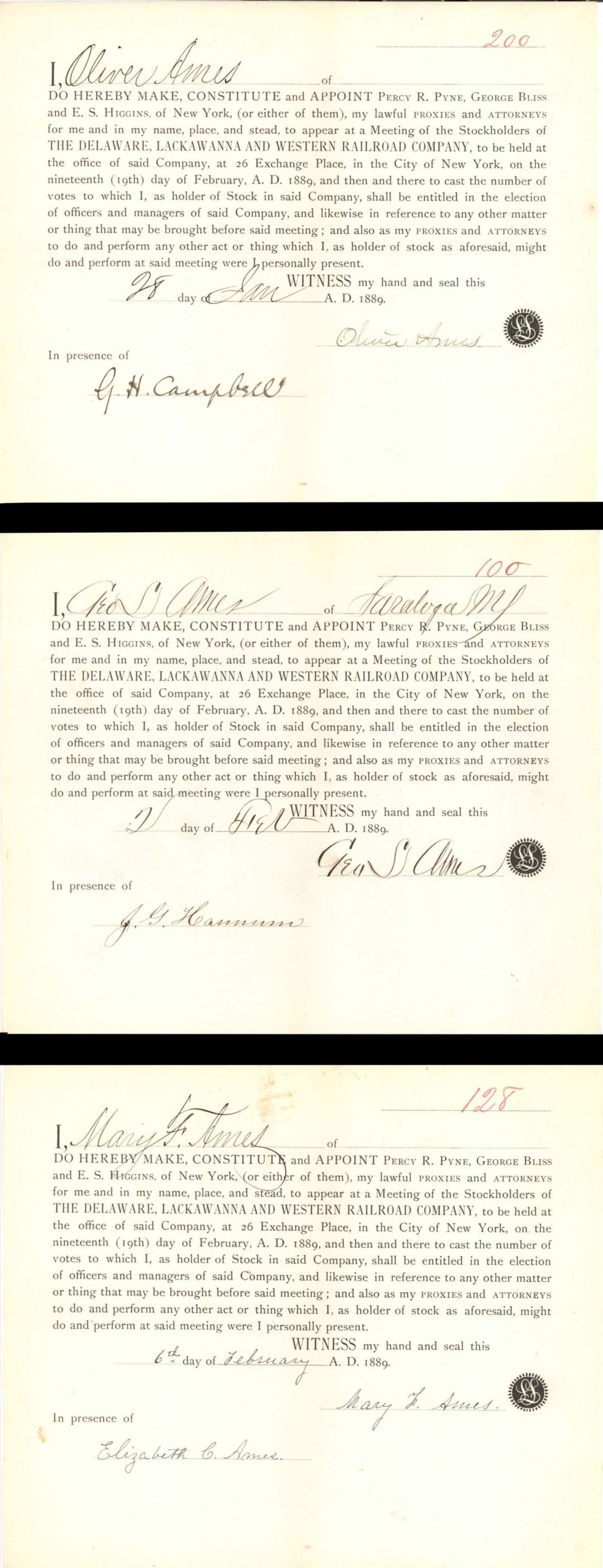 Oliver Ames signed Delaware, Lackawanna and Western Railroad Co. Lot of 3 Appointment Sheets - 1889 dated Autograph Stock Certificate