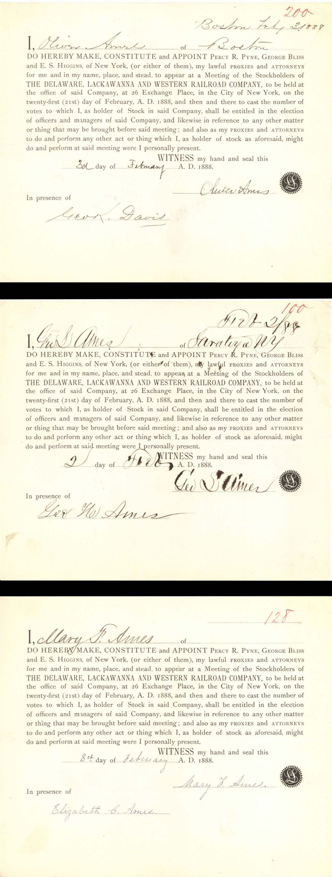Oliver Ames signed Delaware, Lackawanna and Western Railroad Co. Lot of 3 Appointment Sheets - 1888 dated Autograph Stock Certificate