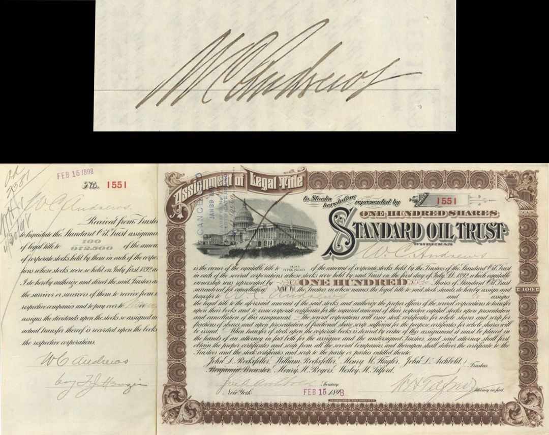 Standard Oil Trust signed by  W.C. Andrews, John D. Archbold and W.H. Tilford - 1898 dated Autographed Stock Certificate