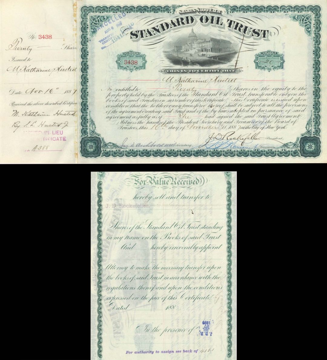 Standard Oil Trust signed by J.D. Rockefeller and John D. Archbold - 1887 dated Autographed Stock Certificate