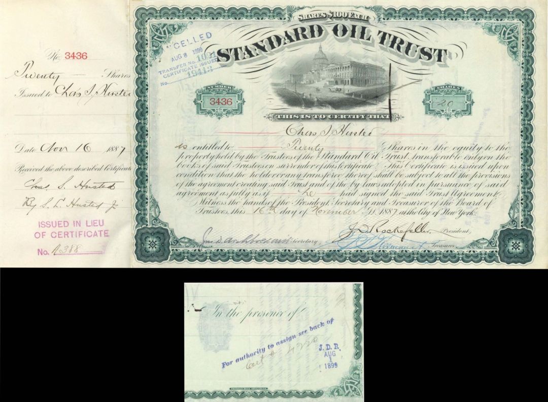 Standard Oil Trust signed by J.D. Rockefeller and John D. Archbold - 1887 dated Autographed Stock Certificate