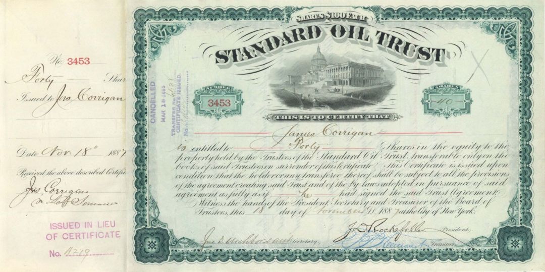 Standard Oil Trust signed by J.D. Rockefeller and John D. Archbold - 1887 dated Autographed Stock Certificate