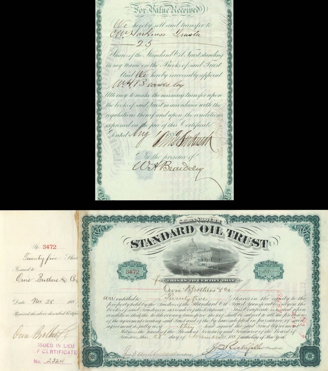 Standard Oil Trust Signed by J.D. Rockefeller, John D. Archbold on front and William H. Beardsley at back - 1887 dated Autographed Stock Certificate