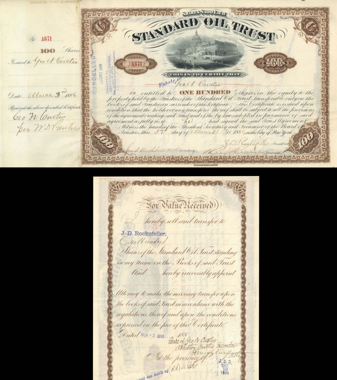 Standard Oil Trust signed by John D. Archbold and J.D. Rockefeller - 1886 dated Autographed Stock Certificate