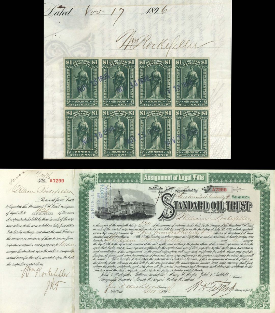 Standard Oil Trust issued to William Rockefeller and signed by William Rockefeller, John D. Archbold and W.H. Tilford - 1896 dated Autographed Stock Certificate
