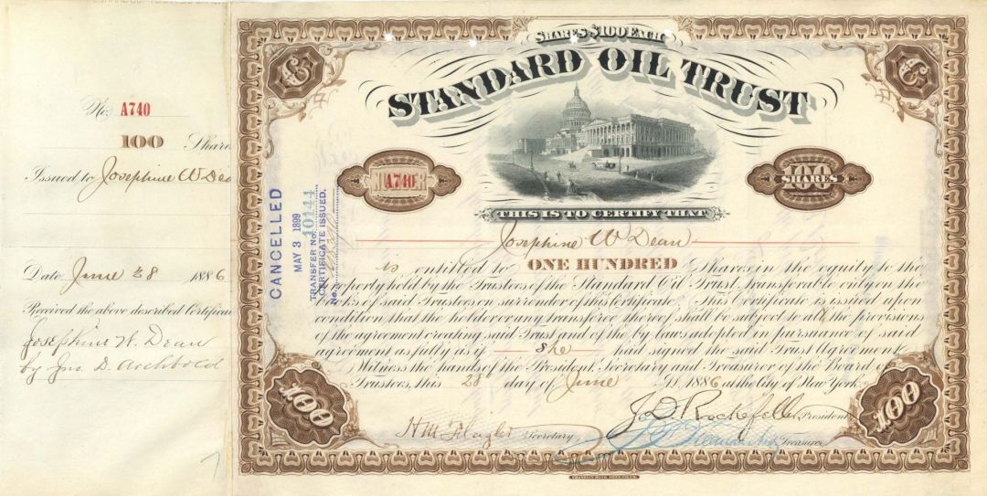 Standard Oil Trust Signed by John D. Archbold, H.M. Flagler and J.D. Rockefeller  - 1886 dated Autographed Stock Certificate