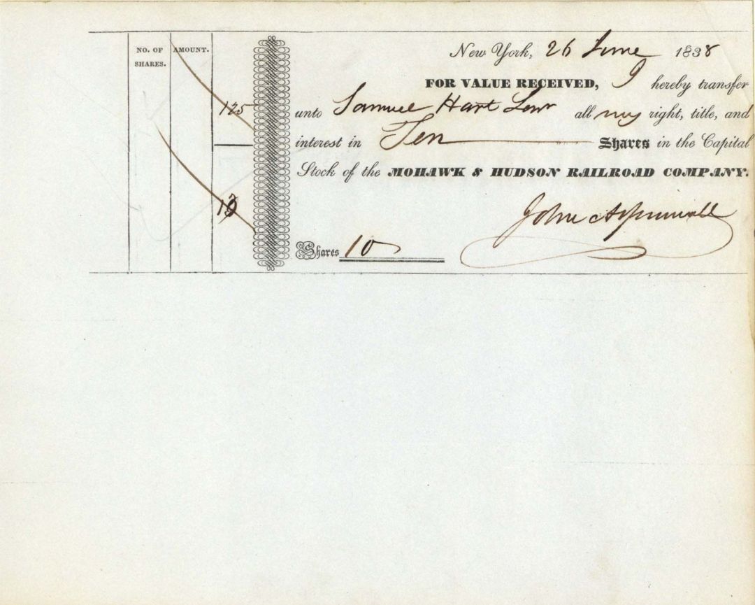 John Aspinwall signed Mohawk and Hudson Railroad Co. - 1838 dated Autographed Stock Certificate