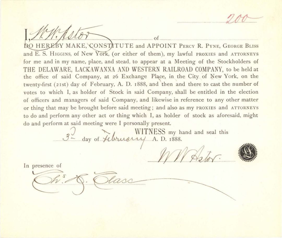 William Waldorf Astor signed Delaware, Lackawanna and Western Railroad Co. Proxy dated 1888