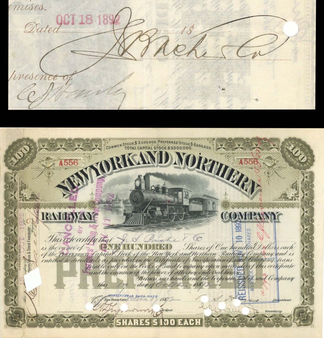 New York and Northern Railway Co. issued to J.S. Bache and Co. and signed on back -1892-1896 dated Stock Certificate