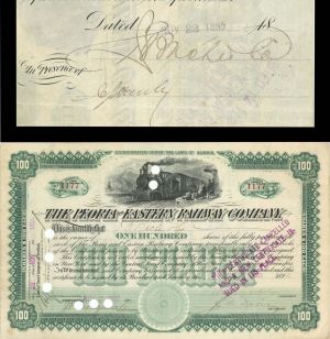 Peoria and Eastern Railway Co. issued to J.S. Bache and Co. and signed on back -1895 dated Stock Certificate