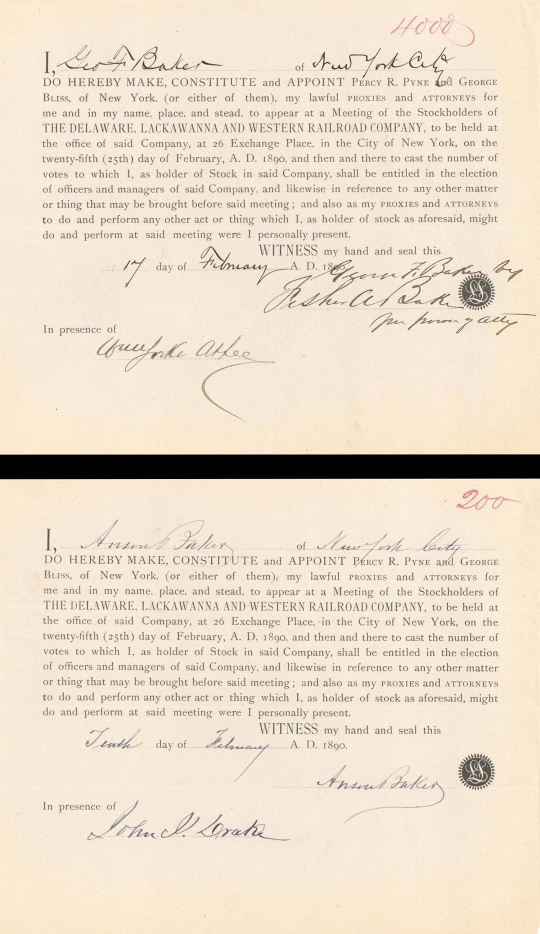 Pair of Delaware, Lackawanna and Western Railroad Co. Appointments Issued to Geo. F. Baker and Anson Baker - 1890 dated Autographed Stock Appointment