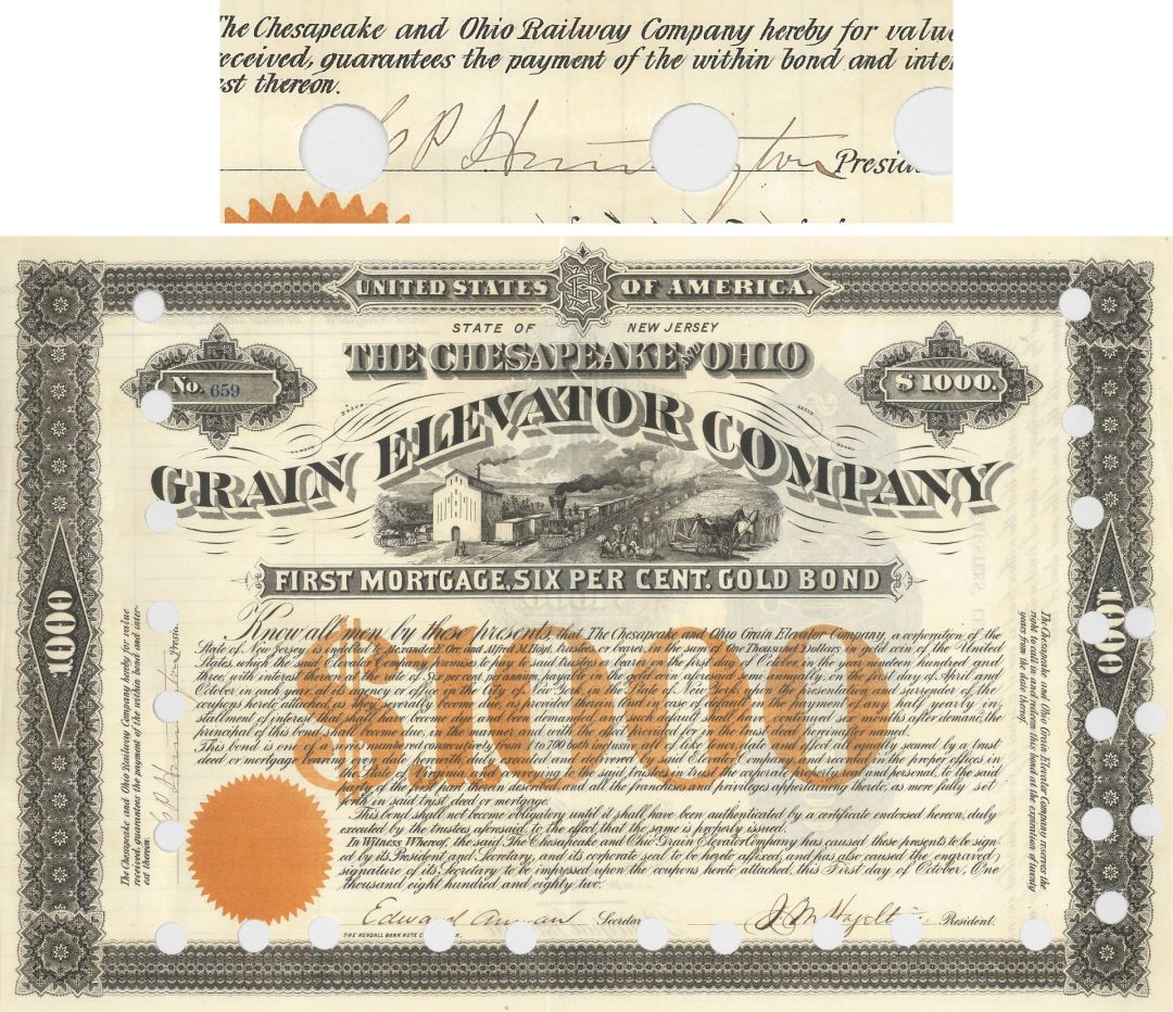 Collis P. Huntington signed Chesapeake and Ohio Grain Elevator Co - 1882 dated Autograph Bond