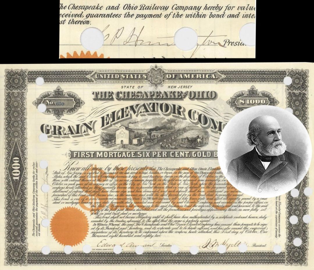 Collis P. Huntington signed Chesapeake and Ohio Grain Elevator Co - 1882 dated Autograph Bond