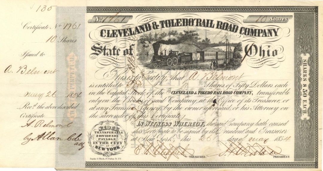 Cleveland and Toledo Rail Road Co. Issued to August Belmont - 1854 dated Autographed Railway Stocks and Bonds