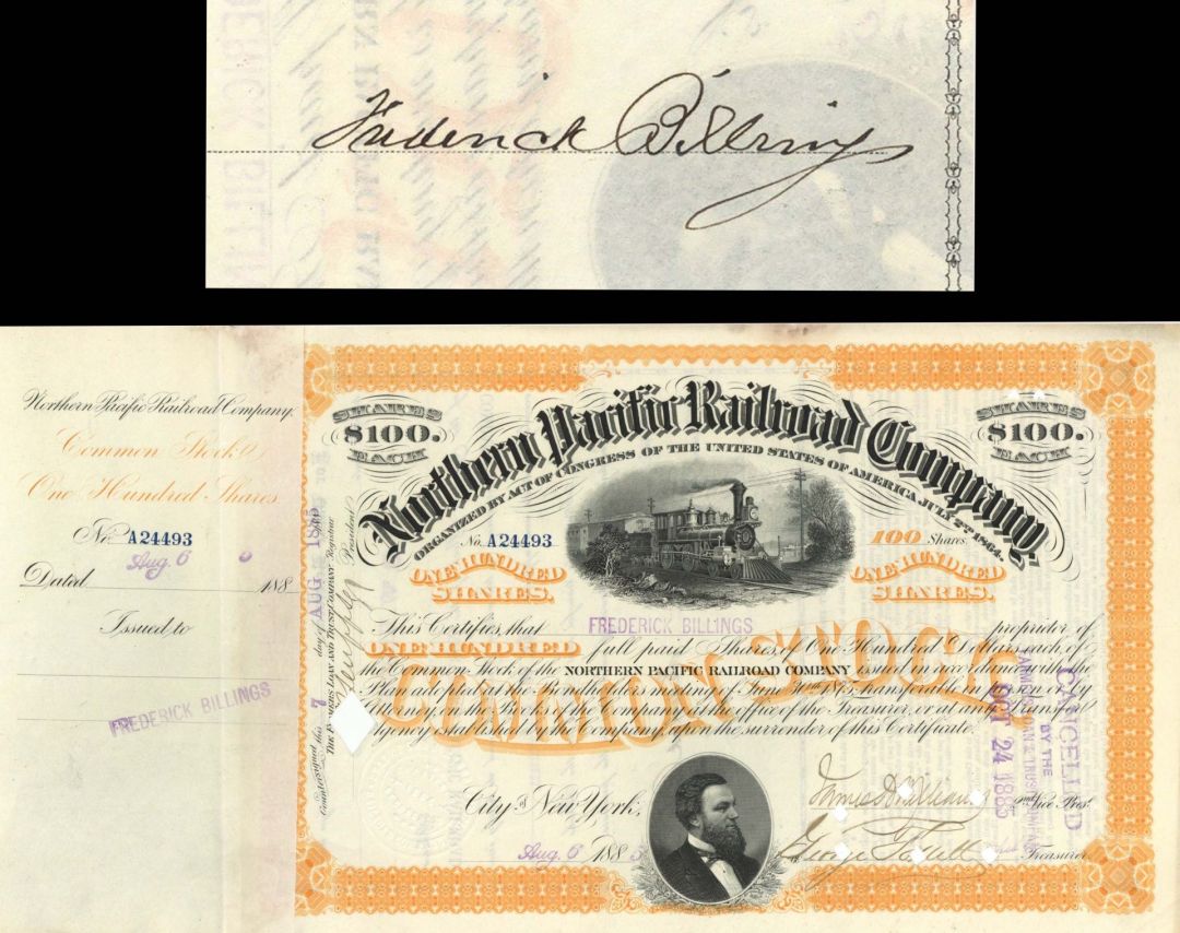 Northern Pacific Railroad Co. Issued to and Signed by Frederick Billings - 1885 dated Autographed Stock Certificate