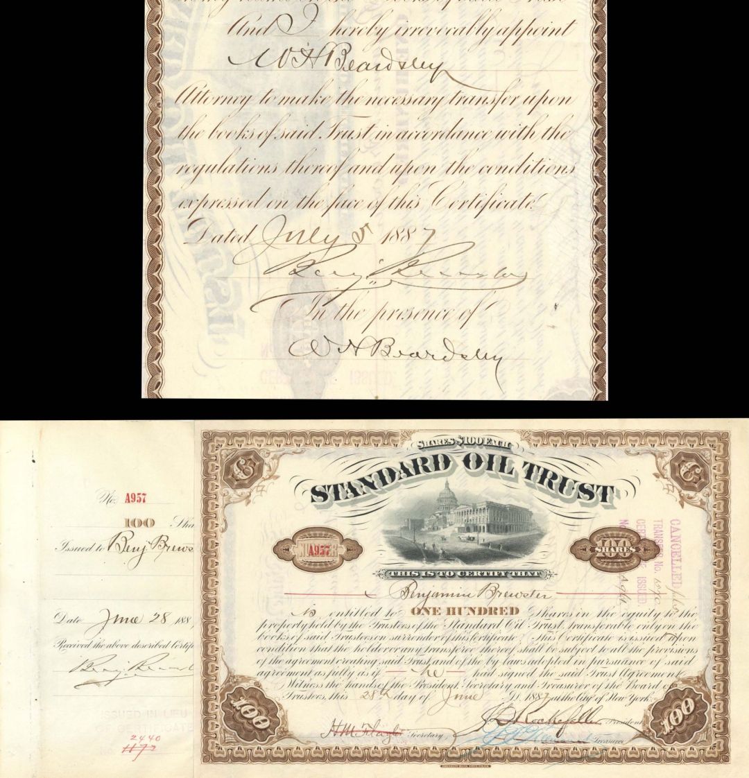 Standard Oil Trust issued to Benjamin Brewster and signed by John D. Rockefeller, Benjamin Brewster, H. M. Flagler and W. H. Beardsley - 1887 Autograph Stock Certificate