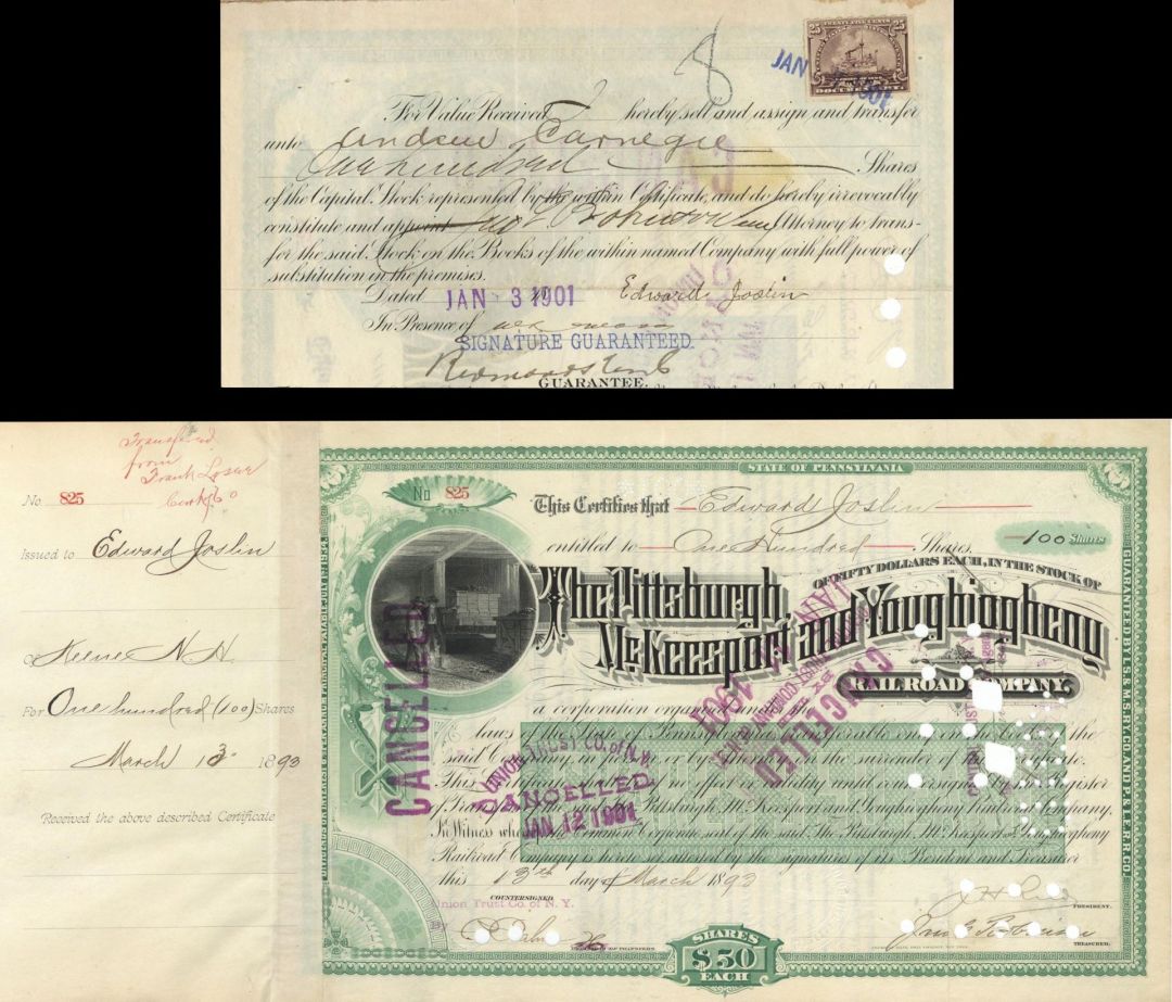 Pittsburgh, McKeesport and Youghiogheny Railroad Co. Transferred to Andrew Carnegie  -  1893 dated Autographed Stock Certificate