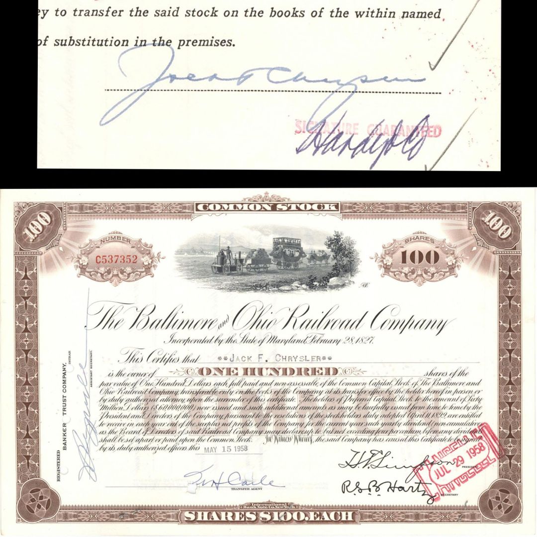  Baltimore and Ohio Railroad Co. Signed by Jack F. Chrysler - 1958 dated Autographed Stock Certificate