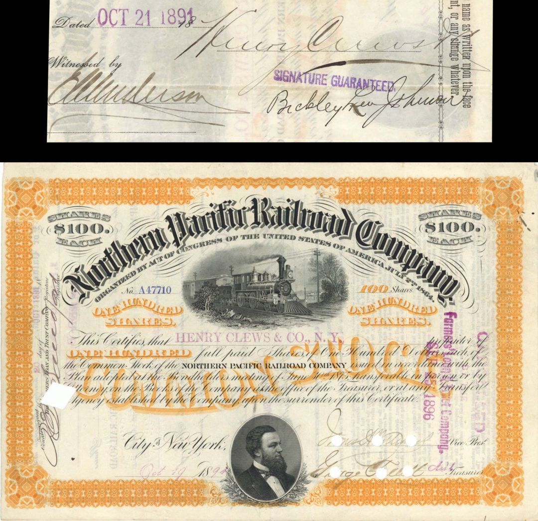 Northern Pacific Railroad Co. Issued to Henry Clews and Co., N.Y. and signed by Henry Clews  - 1886, 1891 or 1892 dated Autographed Stock Certificate