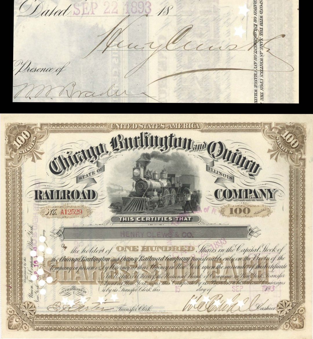 Chicgo, Burlington and Quincy Railroad Co. Issued to Henry Clews and Co., N.Y. and signed by Henry Clews  - 1893 dated Autographed Stock Certificate